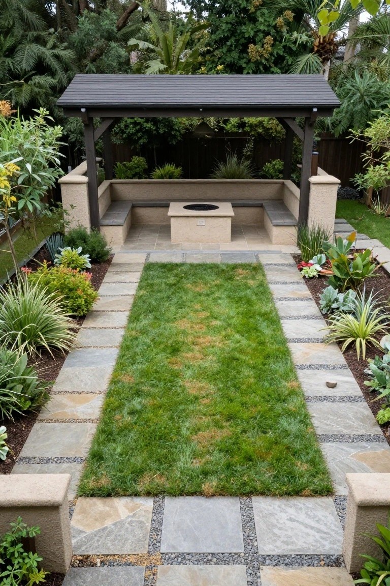 Overhead view of a backyard patio featuring a pergola-covered L-shaped built-in bench seating surrounding a central stone fire pit, with a central grass pathway lined by stone pavers and gravel accents, bordered by low succulent plantings and raised stucco walls.