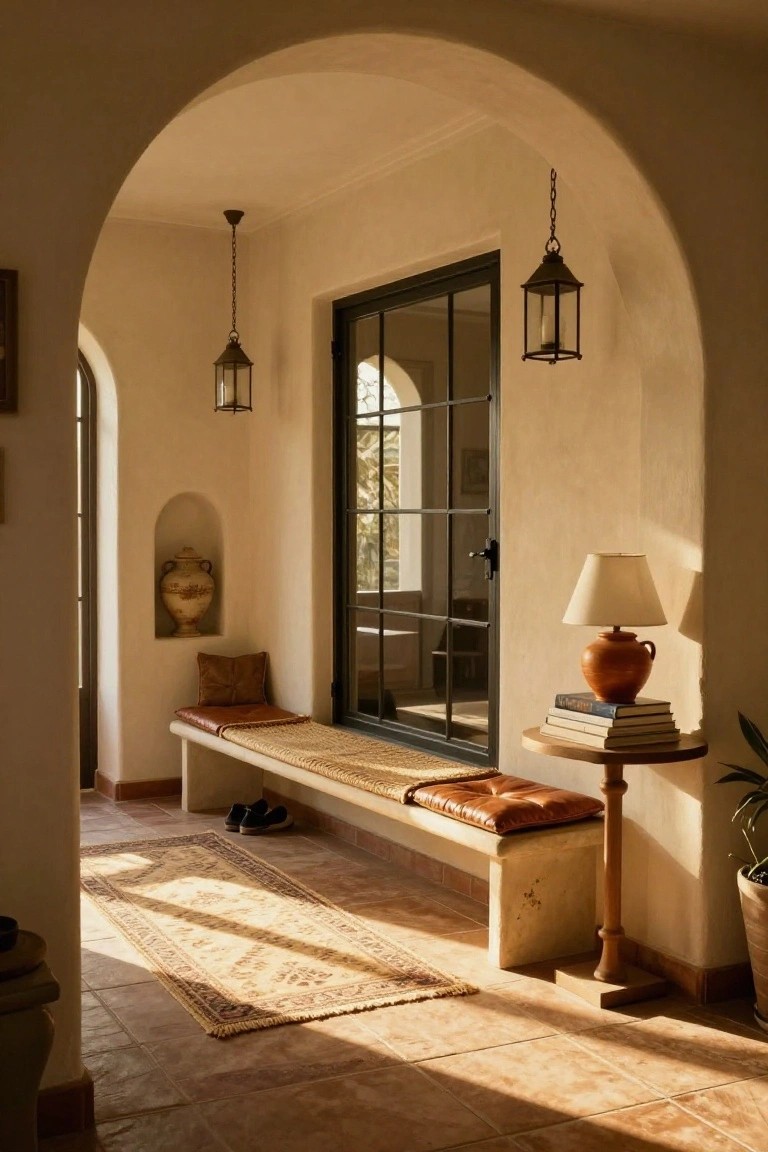 Light stucco entryway with arched doorways, built-in stone bench topped with cushions and woven mat, side table holding lamp and books, large steel-framed window, hanging lanterns, and potted plants.