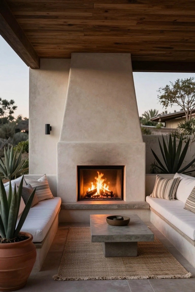 Outdoor covered patio with wooden beam ceiling, tall beige stucco fireplace burning wood logs, built-in white benches with striped cushions on either side, concrete coffee table with bowl, potted agave plants, woven rug, and terracotta pot on tiled floor.