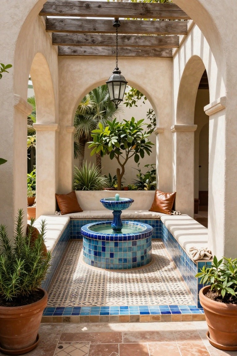 Arched stucco courtyard with central blue mosaic-tiled fountain, built-in bench seating with brown cushions, potted rosemary and palms, and wooden beam ceiling.