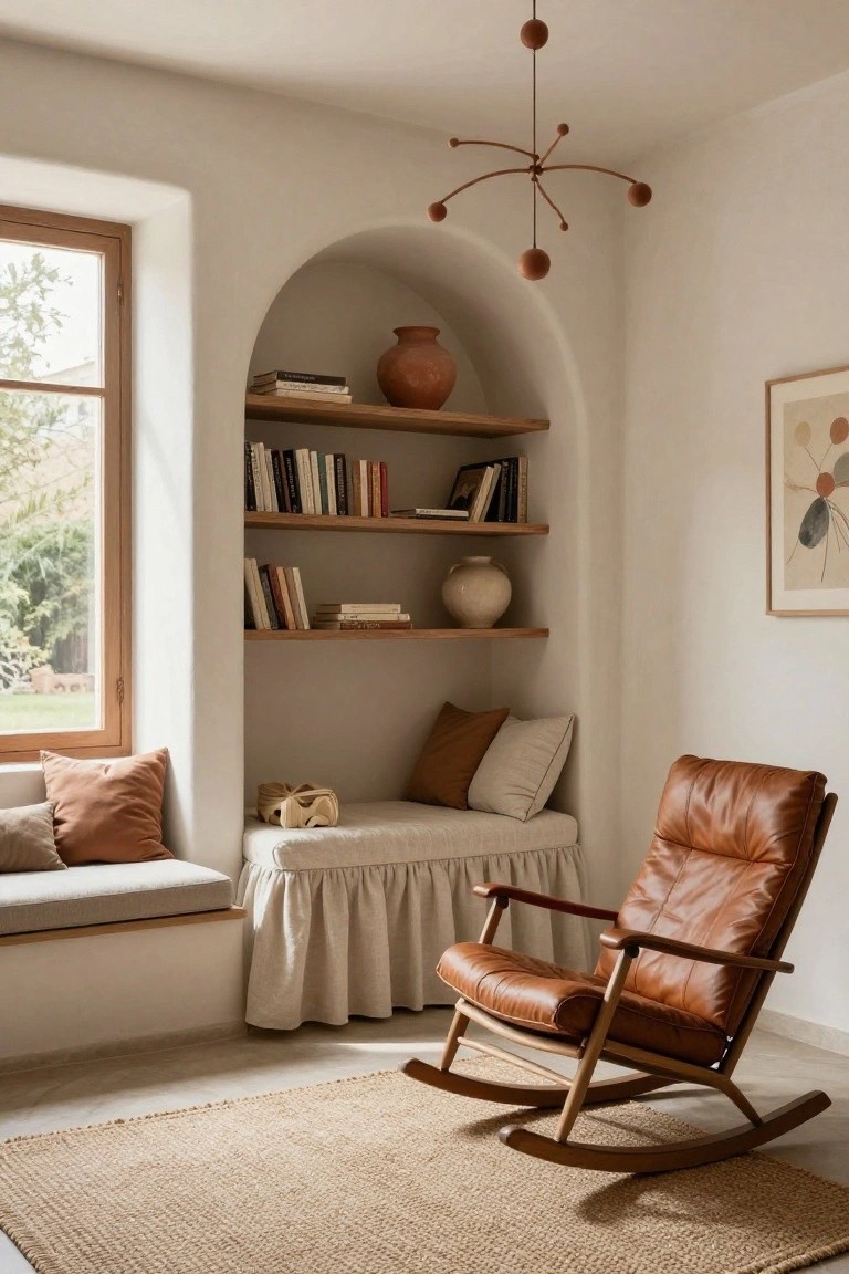 Arched interior alcove with wooden shelves displaying books and pottery, a cushioned bench seat by a large window, tan leather rocking chair, and beige seagrass rug on light tile floor.