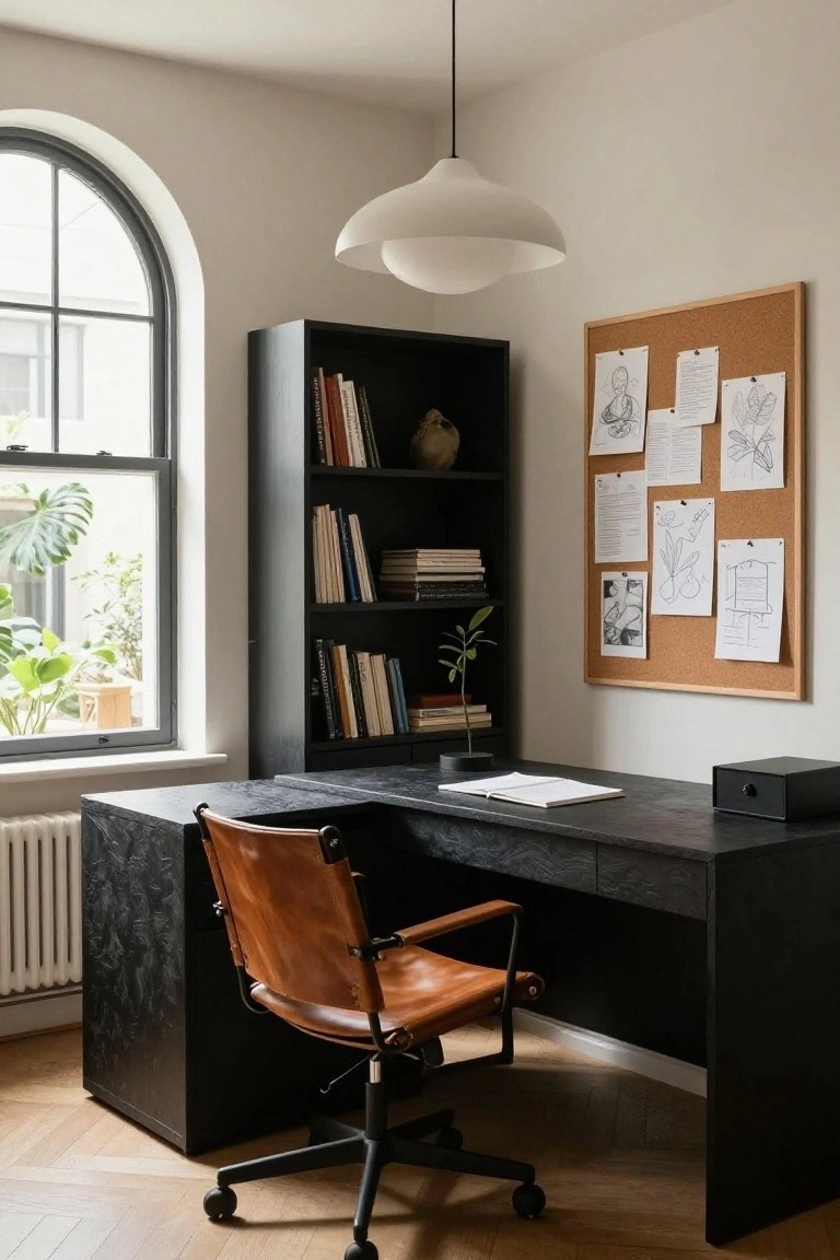 A home office corner with a black L-shaped desk and cabinetry, tan leather office chair on wheels, tall black bookshelf with books and ceramics, corkboard with sketches and notes, and large arched window with plants outside.