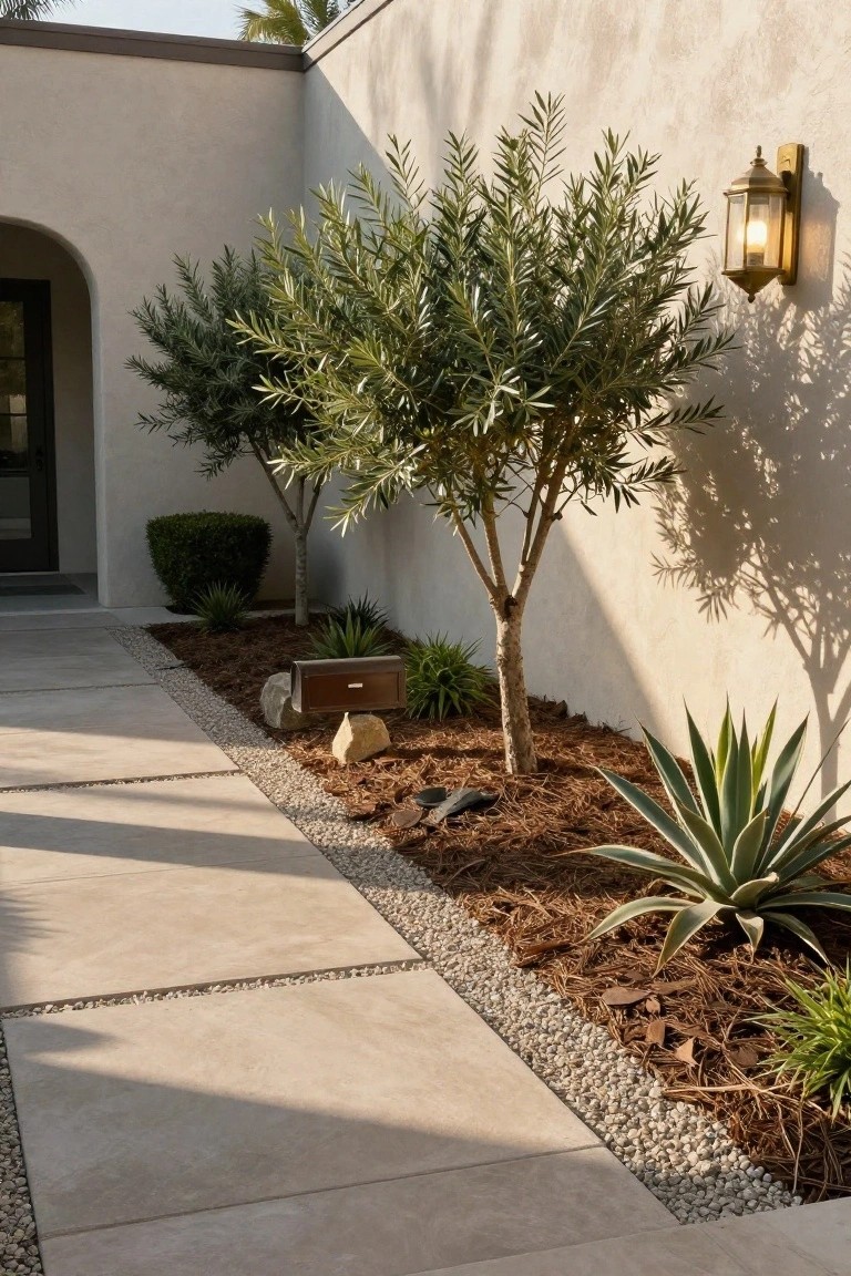 Beige stucco hacienda wall with arched black door, stone paver path edged by gravel strip and mulch bed containing olive trees, agave plants, rocks, wooden mailbox, and low shrubs.