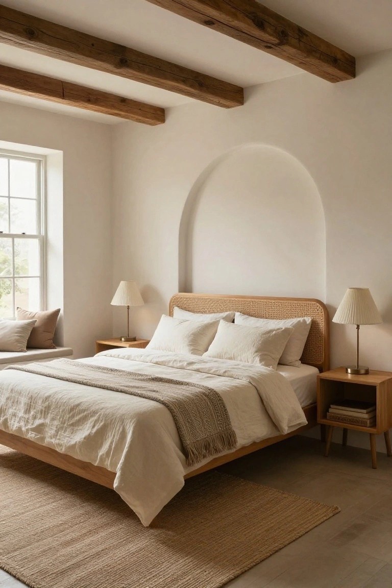 Bedroom interior with exposed wooden ceiling beams, a low wooden platform bed with rattan headboard and white linens, matching wooden nightstands with pleated lampshades, an arched white wall recess, window seat, and seagrass rug on light wood floor.