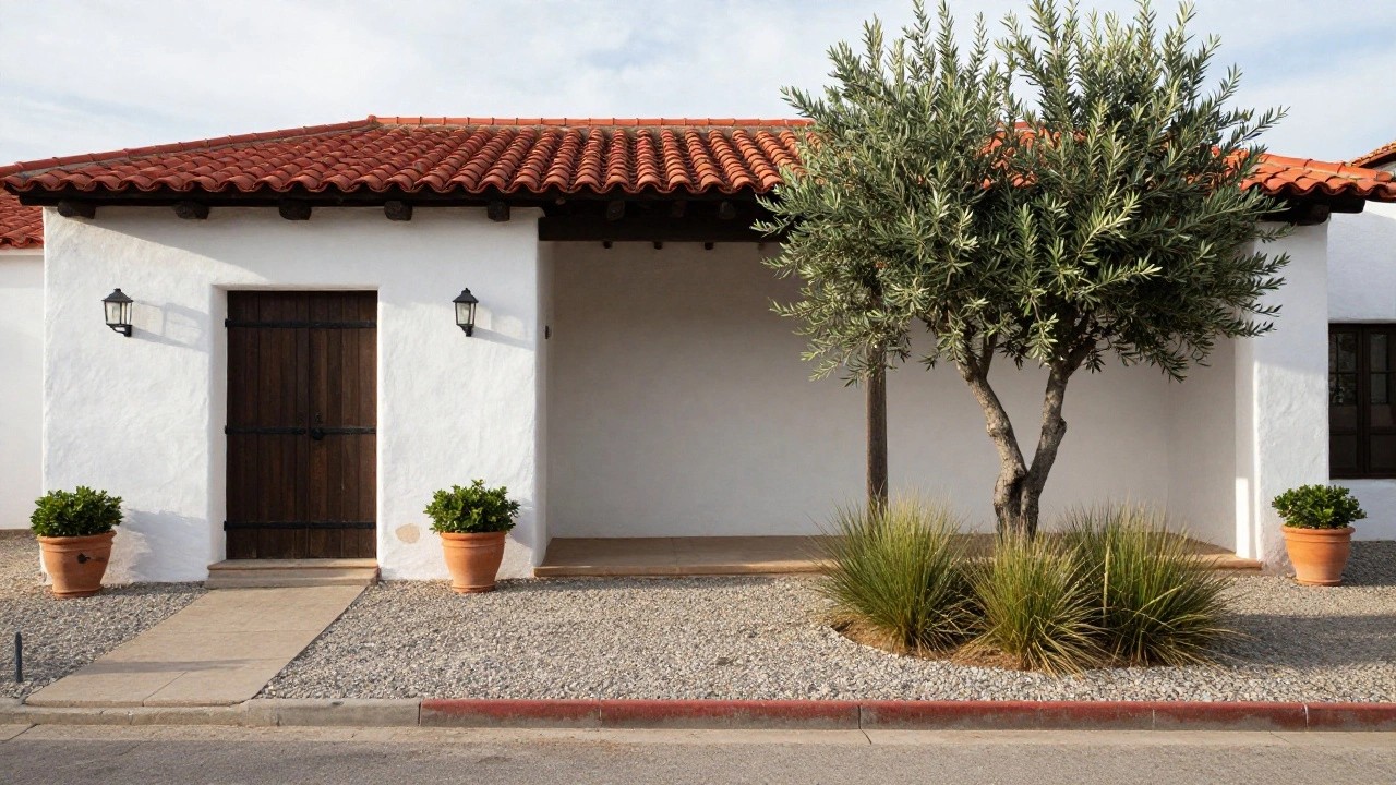 White stucco house with red barrel tile roof, dark wooden arched entry door, overhanging wooden beam, gravel driveway edged in white, potted plants, and olive tree.