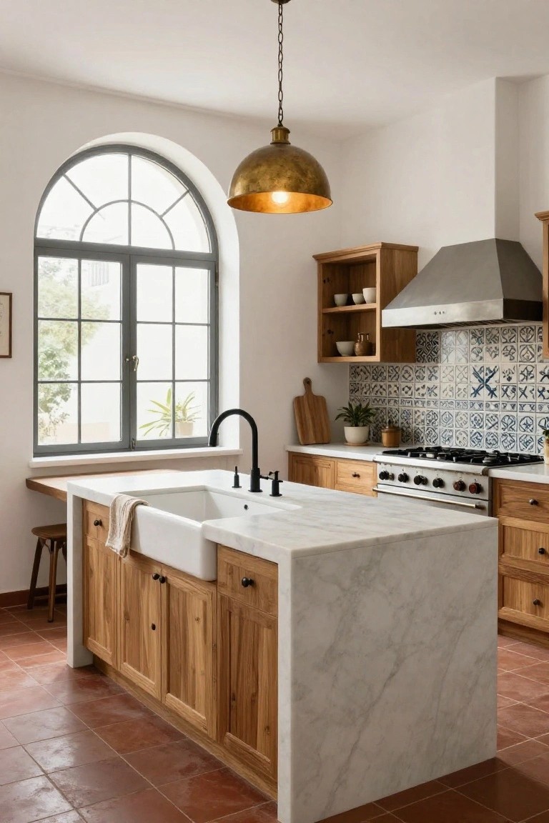 Modern kitchen interior with white marble island featuring farmhouse sink and wood cabinets, blue patterned tile backsplash, arched window, brass pendant light, and terracotta tile floor.