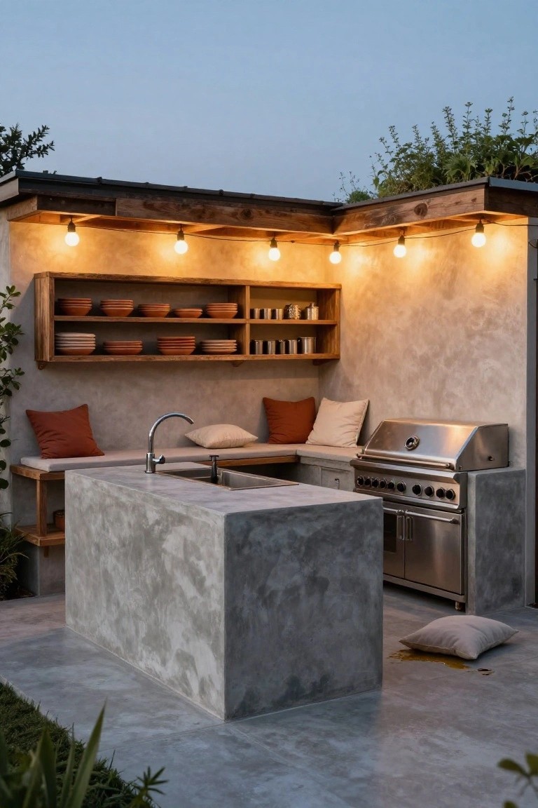 Outdoor corner kitchen with gray concrete island containing sink and built-in stainless steel grill, wooden pergola overhead with string lights, open shelves with pottery, bench seating with cushions, and tiled patio floor.