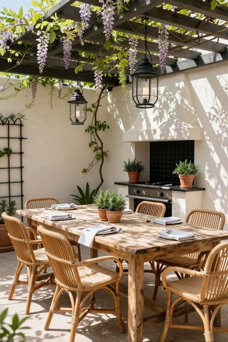Outdoor patio with wooden dining table and rattan chairs next to built-in black-tiled stove and oven, under black pergola draped with purple wisteria, white stucco wall, hanging lanterns, and potted rosemary plants.