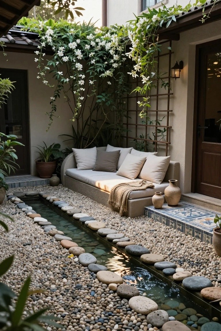 A courtyard with a low beige daybed piled with neutral cushions and a throw, surrounded by potted plants and climbing white flowers on walls, featuring a narrow water channel lined with stones running through a pebble path, terracotta pots, and wooden doors.