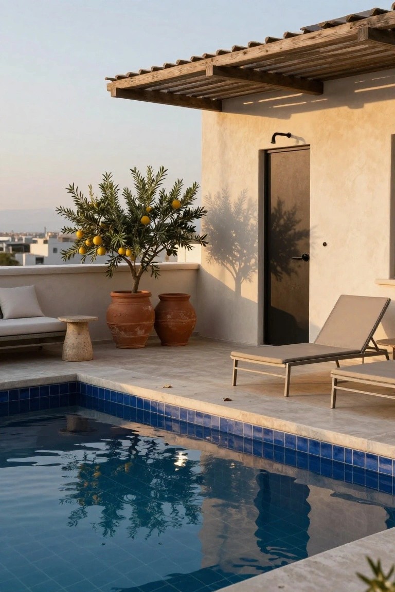 Rooftop terrace with blue-tiled pool, single beige lounge chair on stone decking, two large terracotta pots with fruit-bearing olive trees, wooden pergola shade structure, and beige stucco wall with black door.