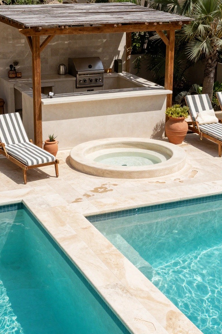 Overhead view of a pool deck with turquoise water, a circular built-in spa, wooden lounge chairs with striped cushions, potted plants, and a covered outdoor kitchen area featuring a stainless steel grill and bar counter under a wooden pergola.