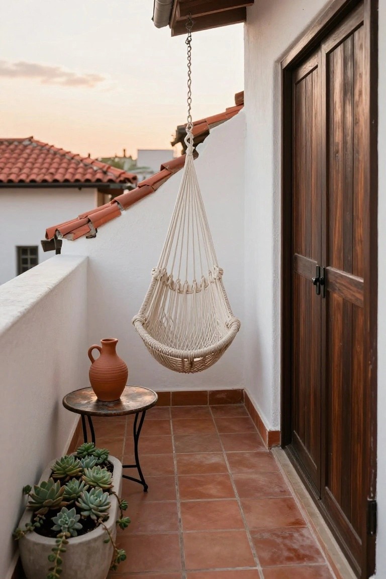 Macrame hanging chair on a terracotta-tiled balcony beside succulents and a wooden door.