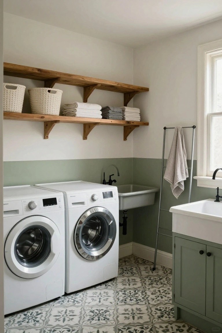 Laundry room with two white front-loading washers and dryers, sage green lower walls and cabinets under a white utility sink, floating wood shelves holding wicker baskets and folded towels, a metal ladder towel rack, and gray patterned tile floor.