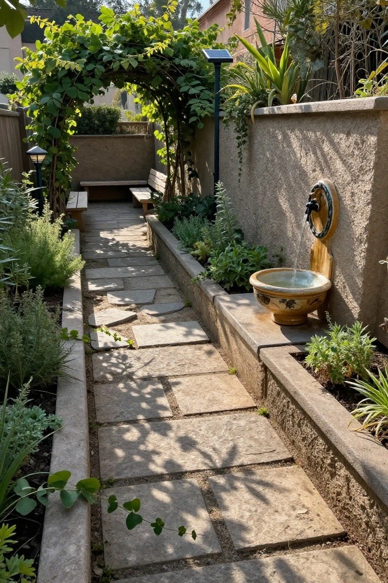 Narrow irregular stone pathway bordered by raised stucco beds filled with herbs and plants, with a wall-mounted fountain spilling water into a bowl, wooden benches, and vine-covered archway in a walled outdoor garden.