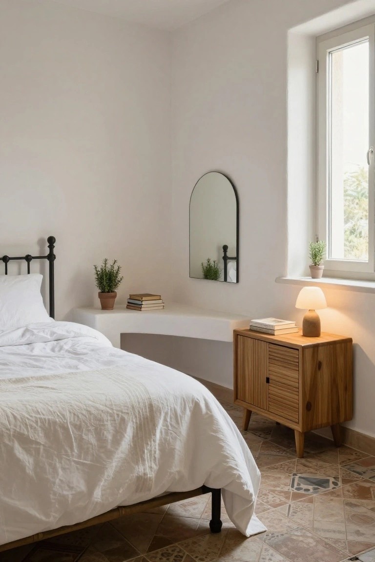 Corner view of a white bedroom with black metal bed frame and white linens, curved white built-in shelf holding potted rosemary plant and stacked books, wooden slatted nightstand with ceramic lamp and books, arched black mirror, and window sill with small potted plant on terracotta tile floor.