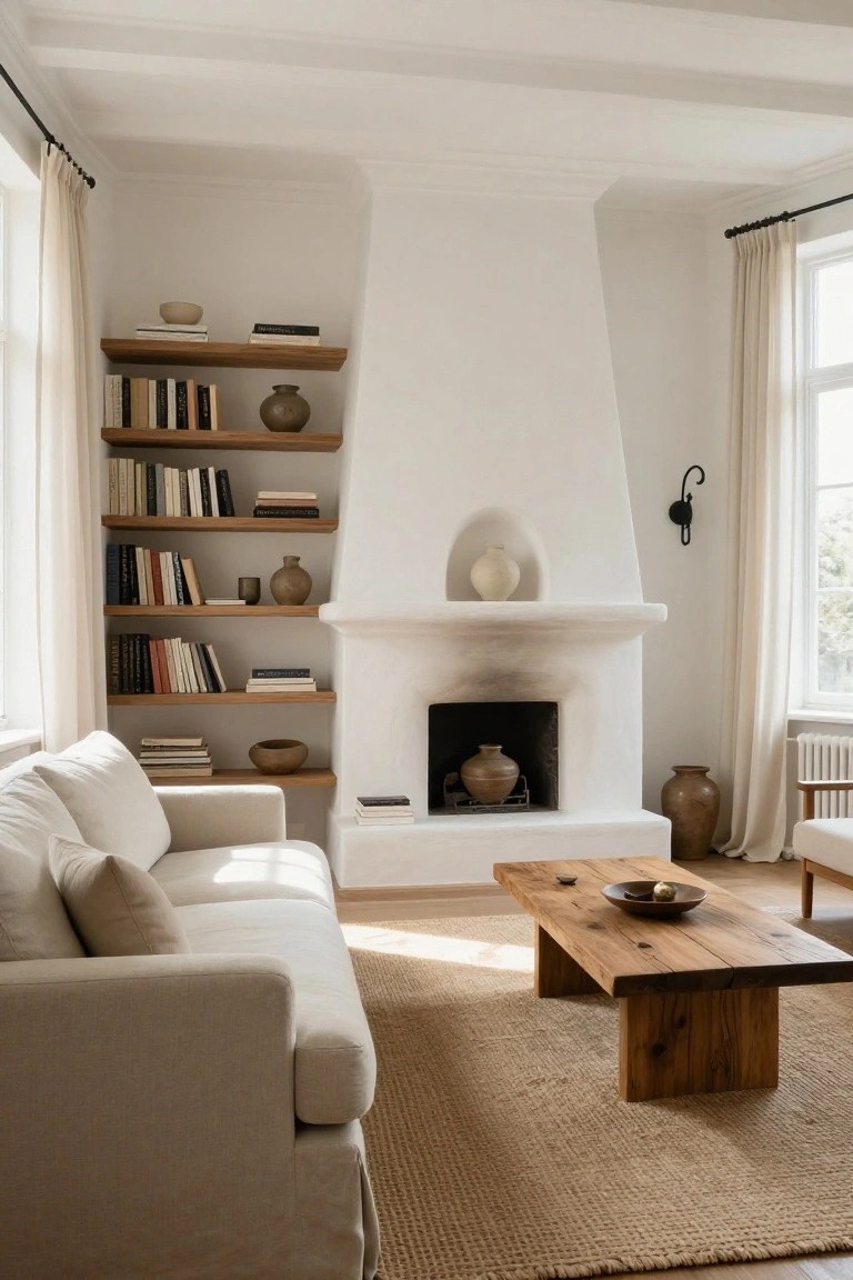 Living room interior with white stucco fireplace flanked by asymmetrical open wooden shelves displaying books, ceramics, and vases, plus a cream linen sofa, raw wood coffee table, seagrass rug, and large curtained windows.