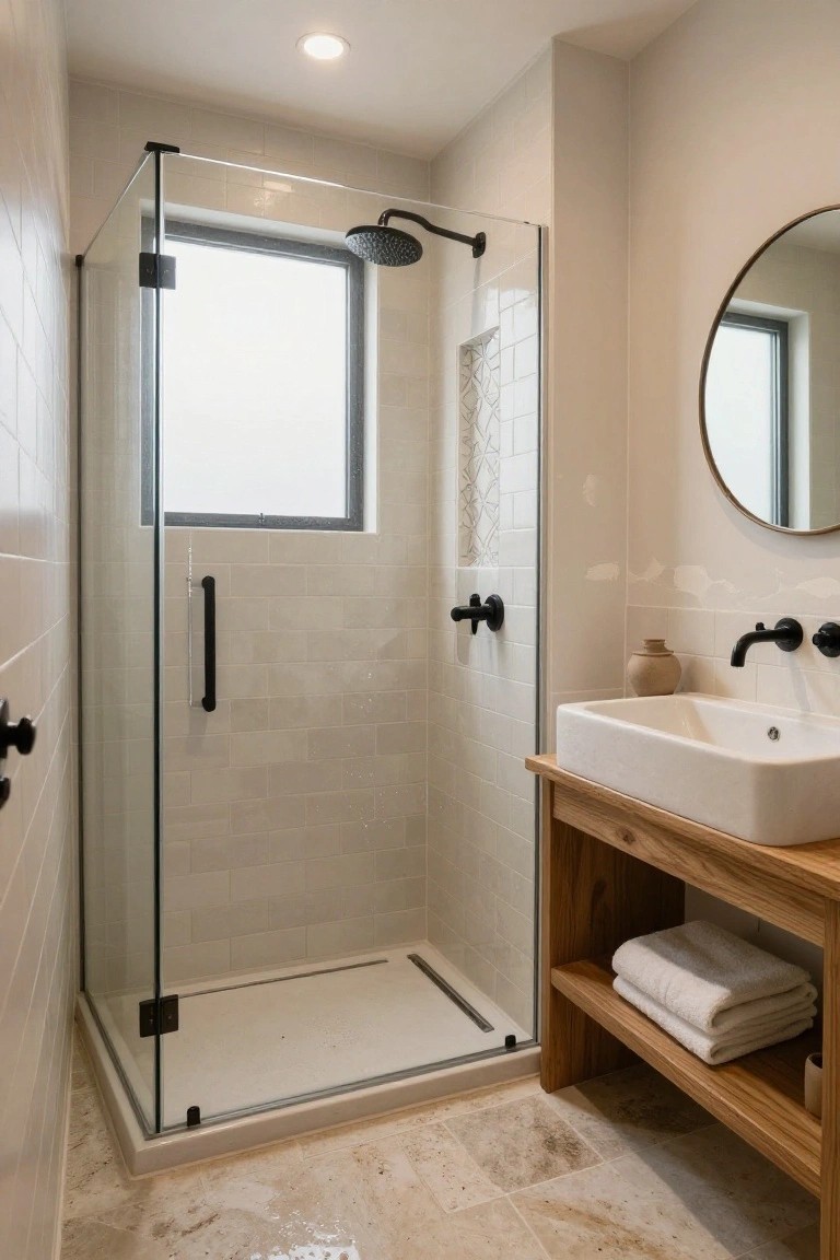 Compact modern bathroom with glass shower enclosure, white subway tile walls, black fixtures, wooden vanity holding a white vessel sink and folded towels, round mirror, and light travertine floor tiles.