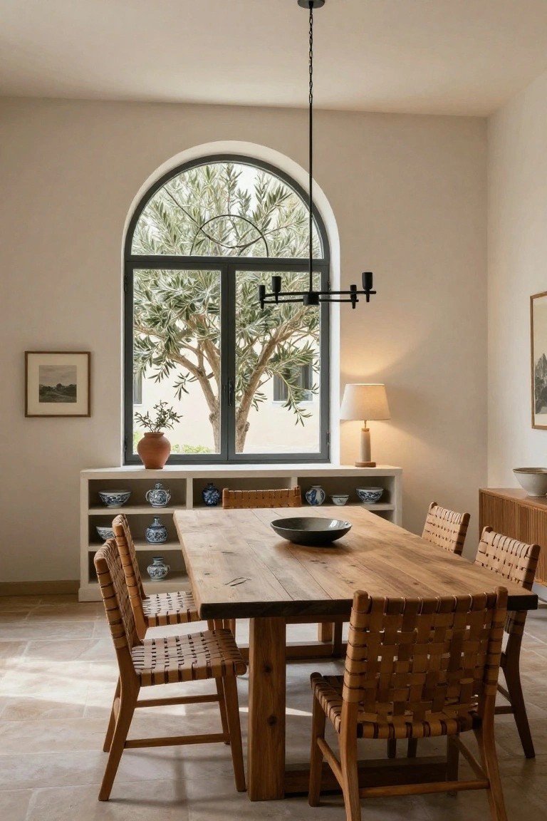 Rustic wooden dining table with woven chairs beneath arched olive tree window.