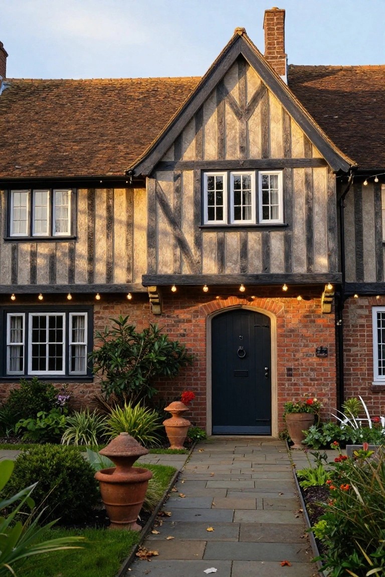 Two-story Tudor-style house exterior with dark timber framing on light walls, steep brown roof, white-framed windows, red brick arched entry with dark wood door, stone pathway, terracotta pots, plants, and string lights along the front.