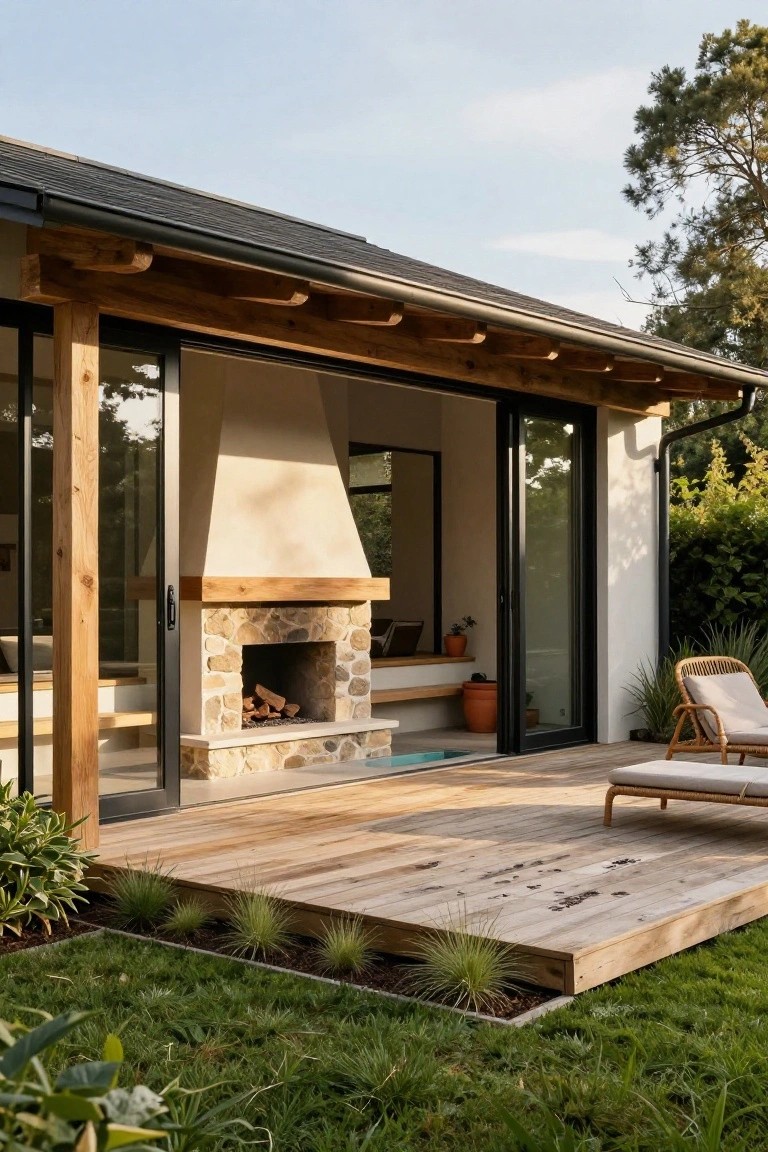 Side exterior of a modern house with black-framed sliding glass doors open to a wooden deck, stone fireplace with burning logs and bench seating, potted plants, woven lounge chair, and surrounding grass and plantings.