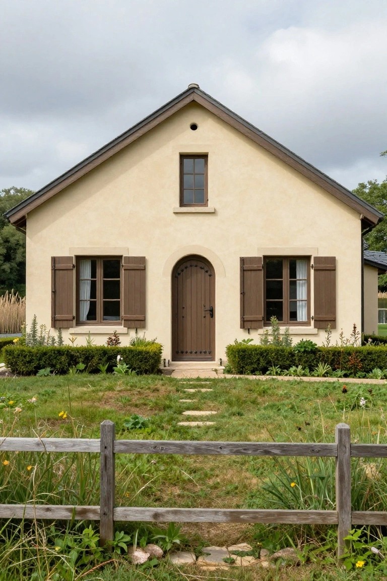 Beige stucco single-story house with dark wooden arched front door, flanked by shuttered windows, low hedges, stone path, and wooden fence in a grassy yard under cloudy sky.