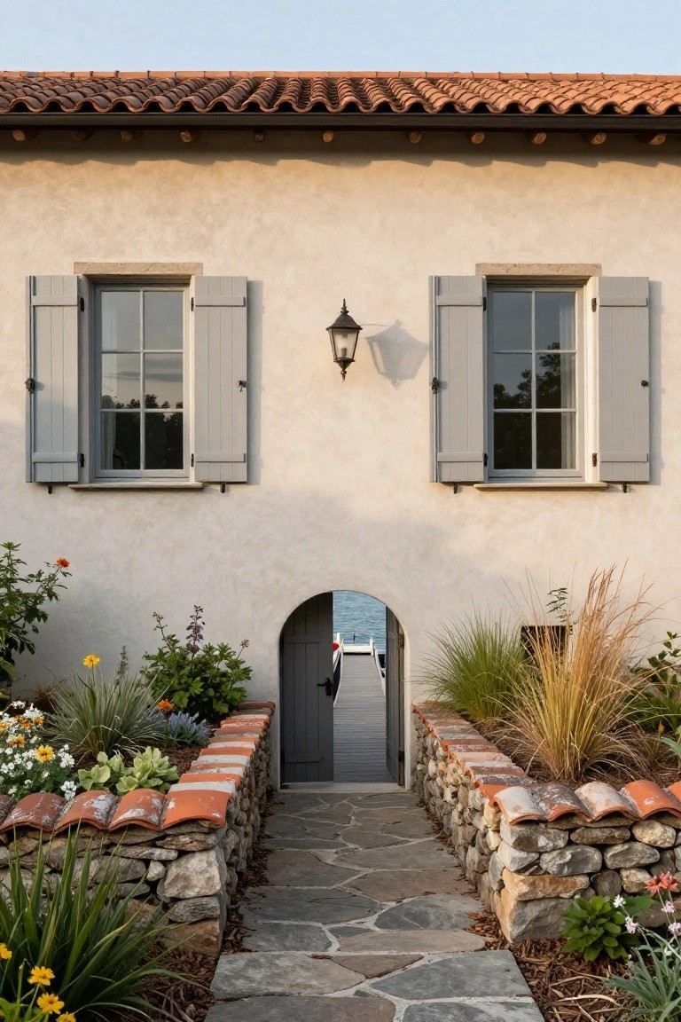 Beige stucco house exterior with red tile roof, gray shutters on windows, wall lantern, arched gray door over a stone pathway flanked by low stone walls topped with terracotta tiles, gardens, and grasses leading to a dock on a lake.