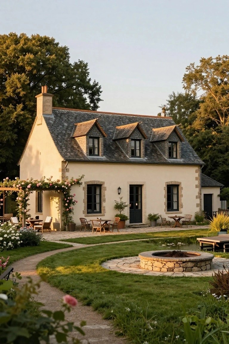 Beige plaster French country cottage with slate roof, dormer windows, stone chimney, rose-covered pergola at entry, outdoor tables and chairs, curved stone path, lawn, gardens, and central fire pit.