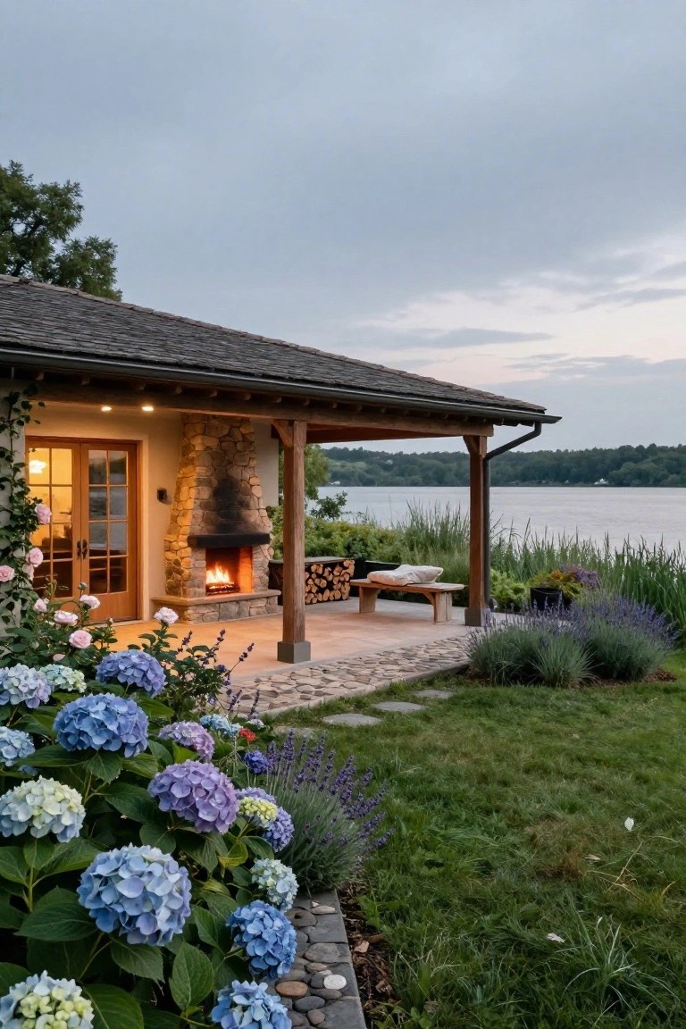 Stone house exterior with covered wooden porch, outdoor stone fireplace with burning fire, wooden bench, firewood stack, potted plants, hydrangeas, lavender, gravel path, grass, and lake view at dusk.