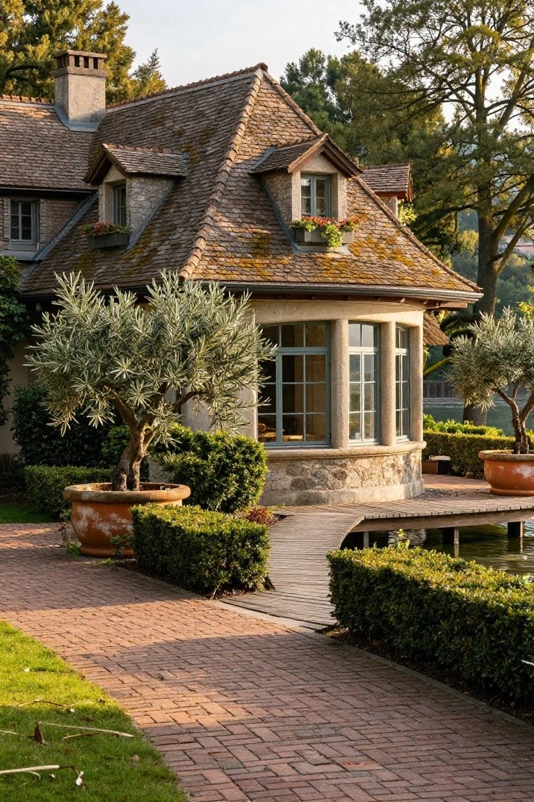 French country lakeside house exterior with curved stone bay window pavilion, potted olive trees, boxwood hedges, and wooden walkway to dock over the water.