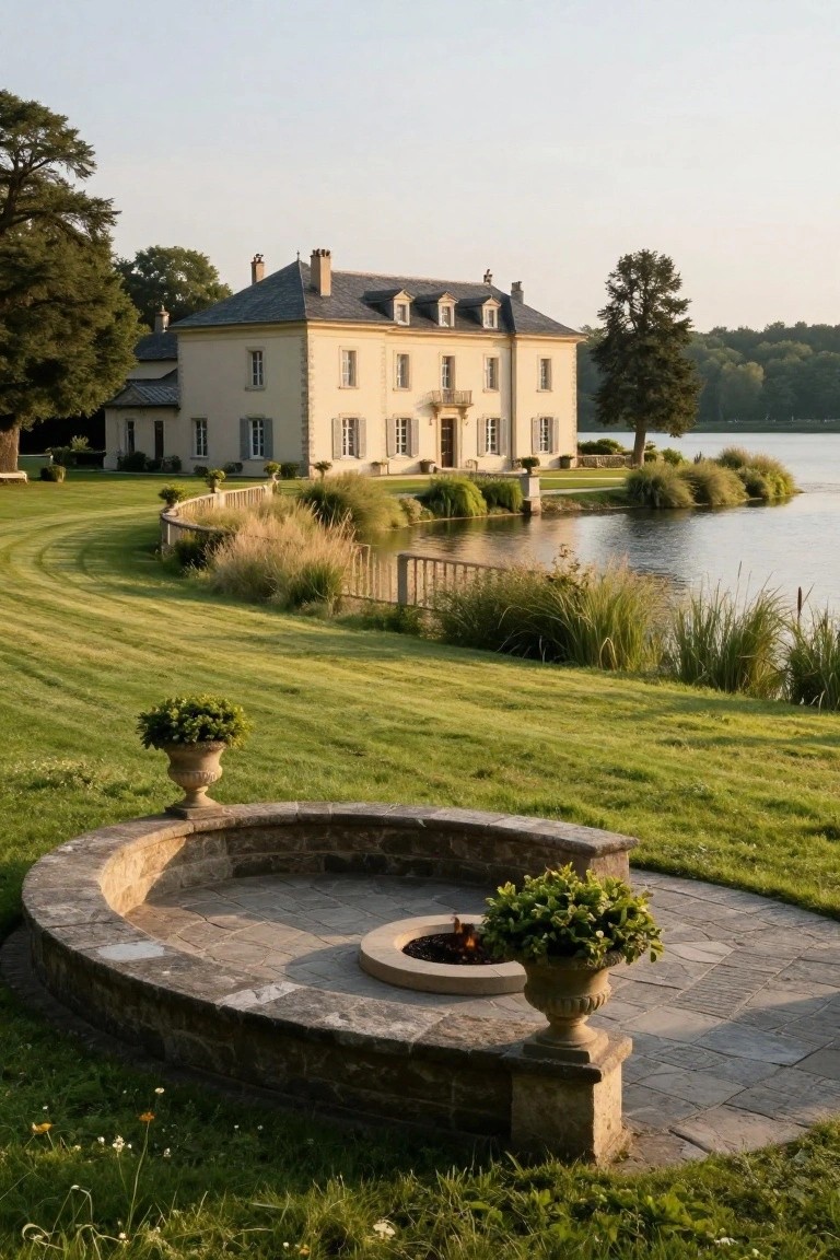Curved low stone wall with central fire pit and potted plants on a grassy terrace overlooking a lake edged with reeds, pale chateau-style house and trees in the background.