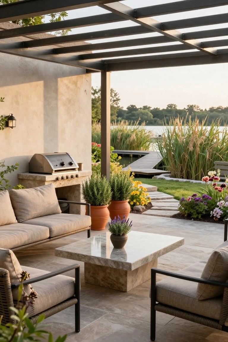 Outdoor patio under black metal pergola with beige fabric sofa and armchairs around white stone coffee table, built-in grill on stone counter with potted plants, stone path to wooden dock by lake with reeds and trees.