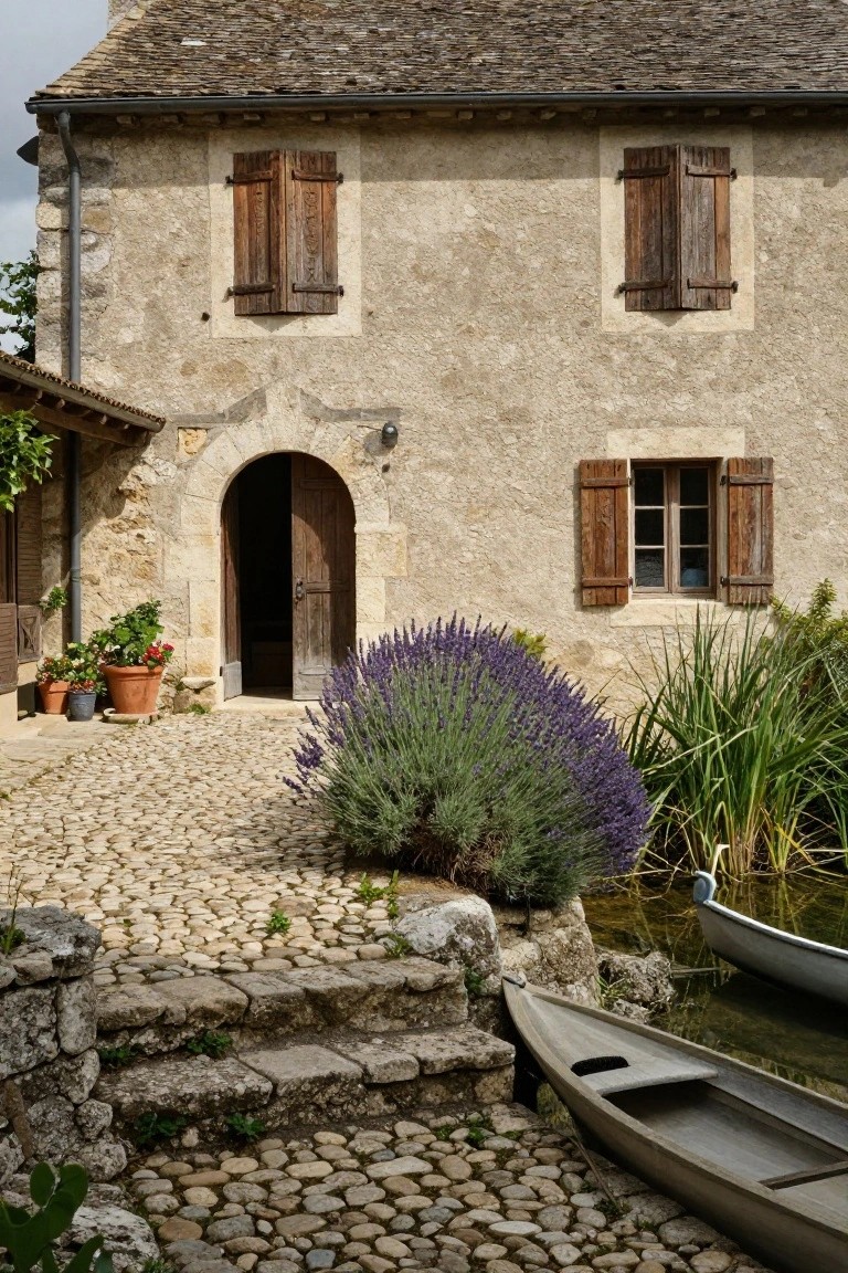 Stone house with arched door, lavender bush, and wooden boats by water.