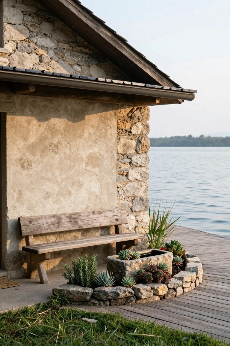 Stone-walled lake house corner with wooden bench on adjacent wooden dock, stone planter of succulents, grass patch, and calm lake water.