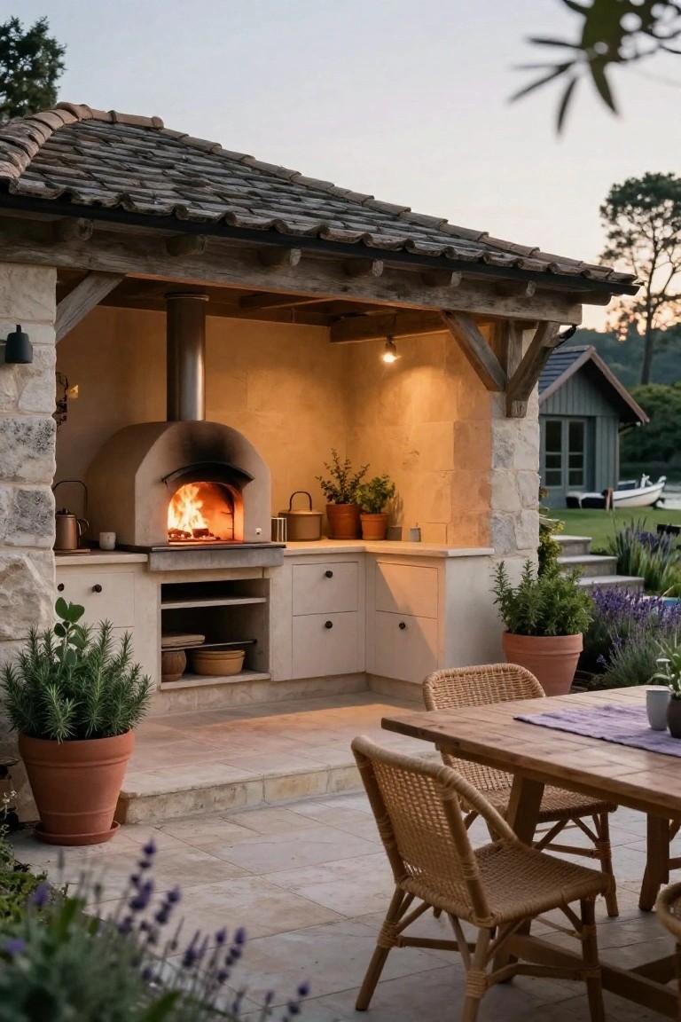 Covered outdoor kitchen with beige stone wood-fired pizza oven containing fire, white cabinets and counters, potted plants including rosemary and lavender, wooden dining table with woven chairs on tiled patio, stone walls, and greenery in background.