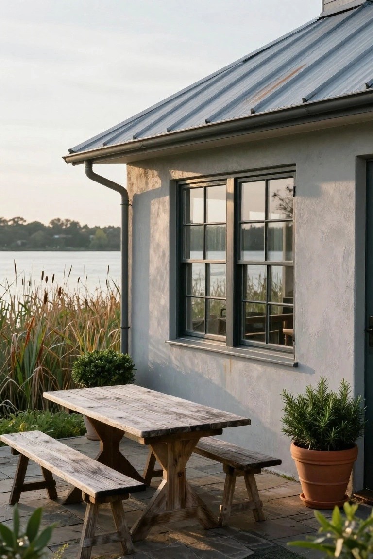 Gray stucco house wall with metal roof, downspout, large multi-pane window, rustic wooden trestle table and benches on stone patio, potted shrubs and rosemary, reeds and lake in background.