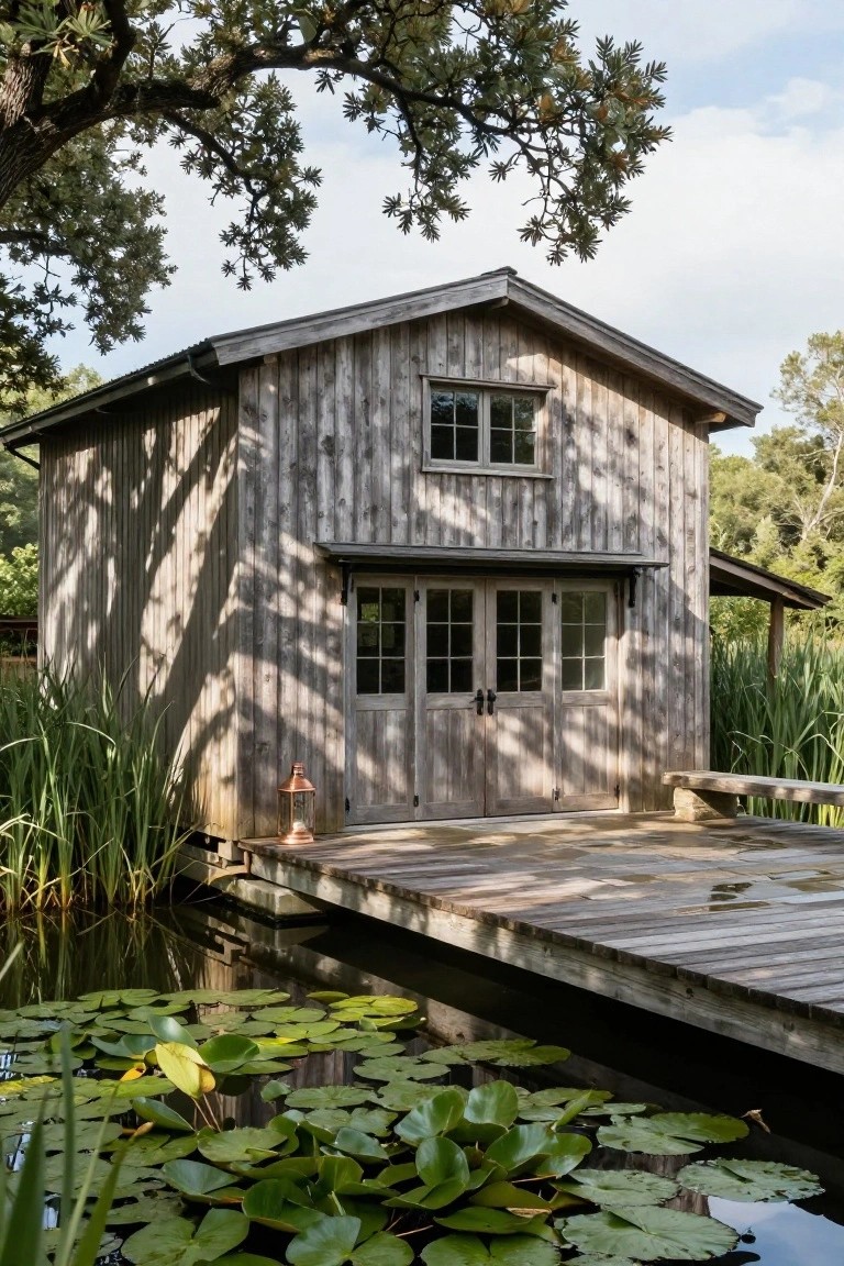 Gray wooden cabin with vertical board siding, gabled roof, double doors, and upper windows, positioned on a wooden dock over a pond with lily pads and surrounded by reeds and overhanging trees.
