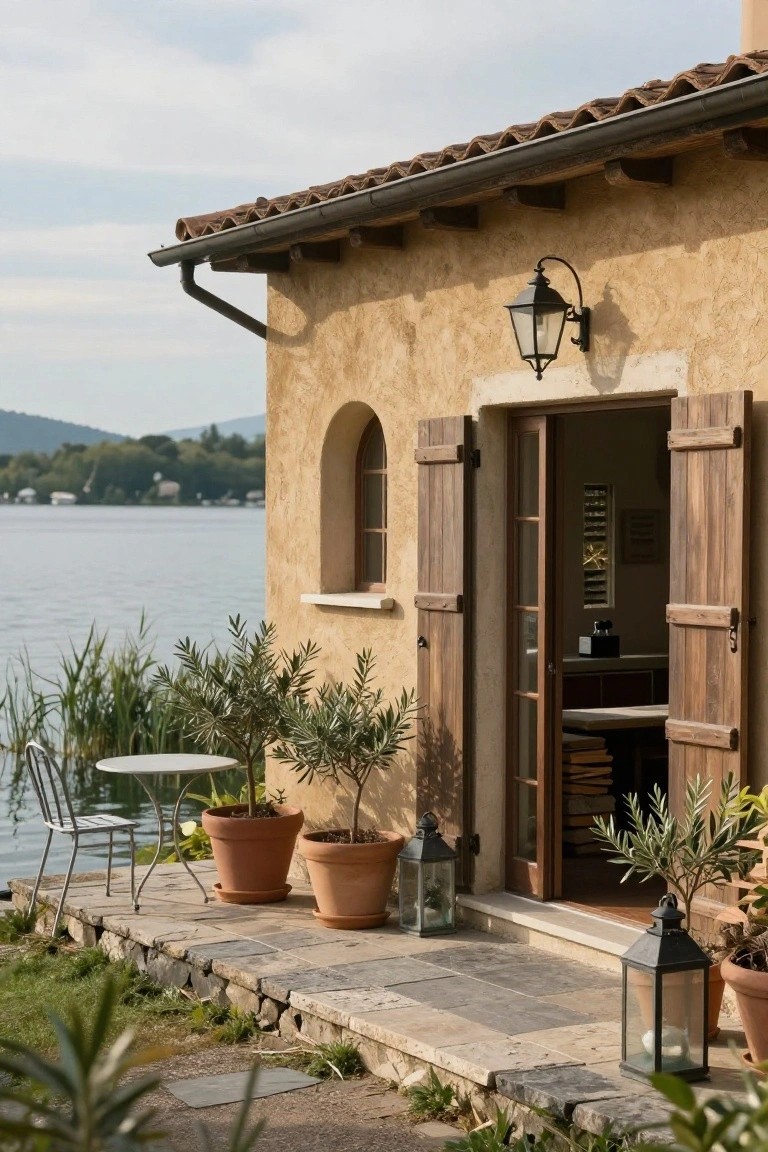 Rustic stone house with open door, potted plants, lanterns by a lake.