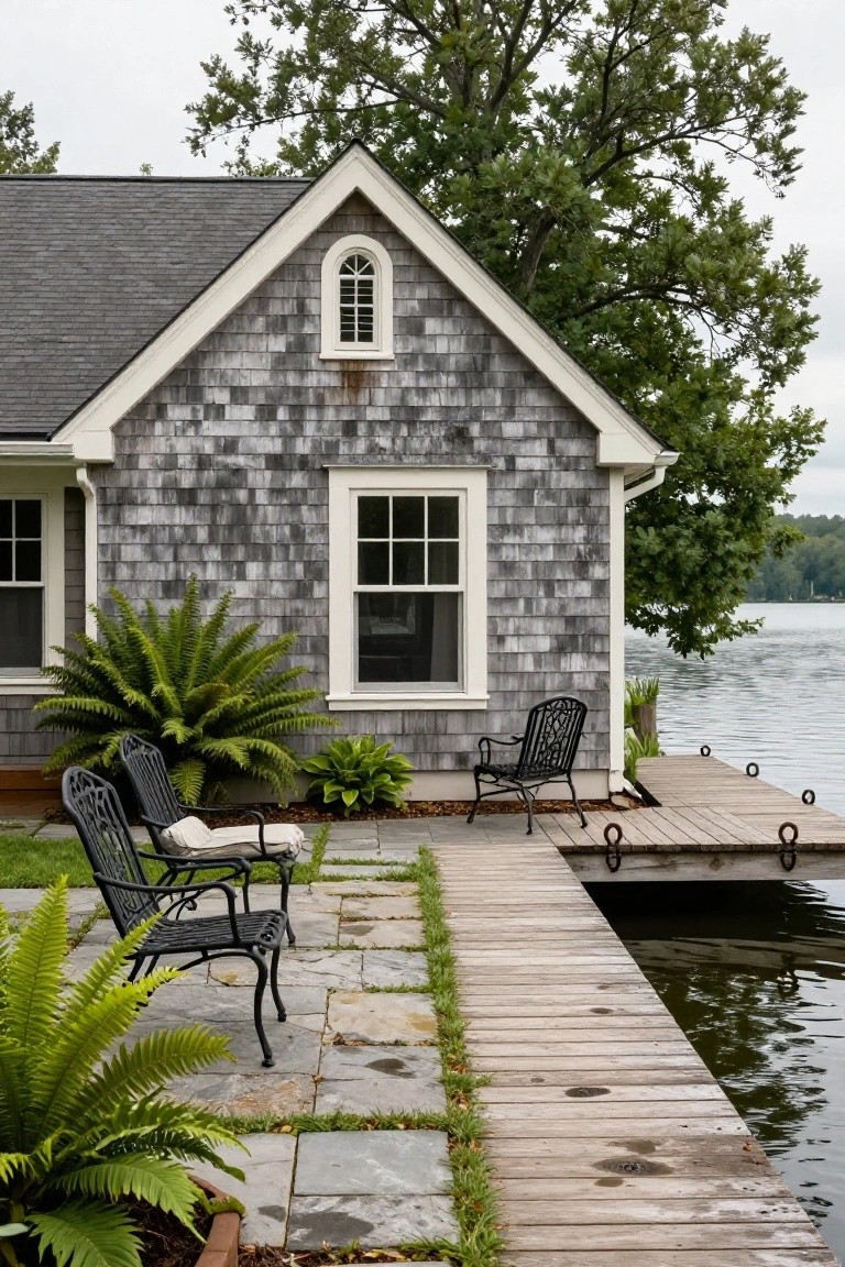 Gray shingled house exterior with white trim, patio area featuring black metal chairs, potted ferns, stone pavers, wooden dock, and lake view under cloudy sky.