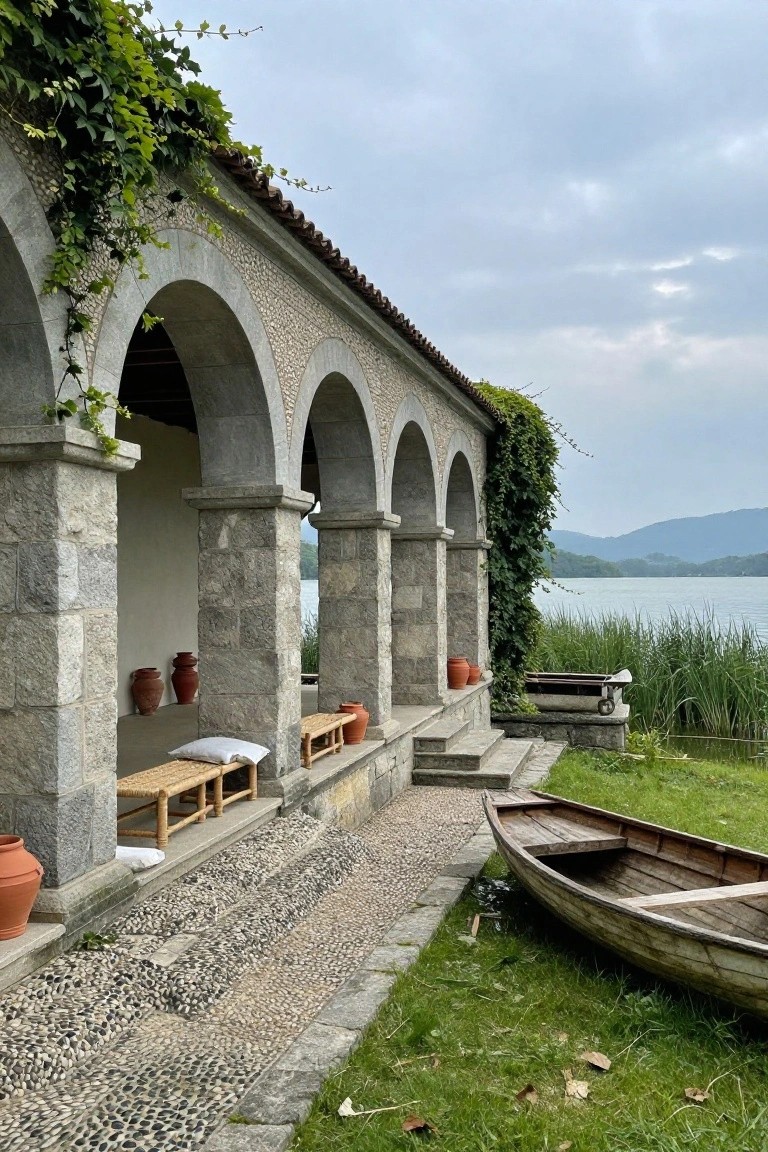Stone arched colonnade partially covered in green ivy, featuring terracotta pots, a wooden bench with cushions, a pebbled path, and a small wooden rowboat near a lake with reeds and distant hills under a cloudy sky.