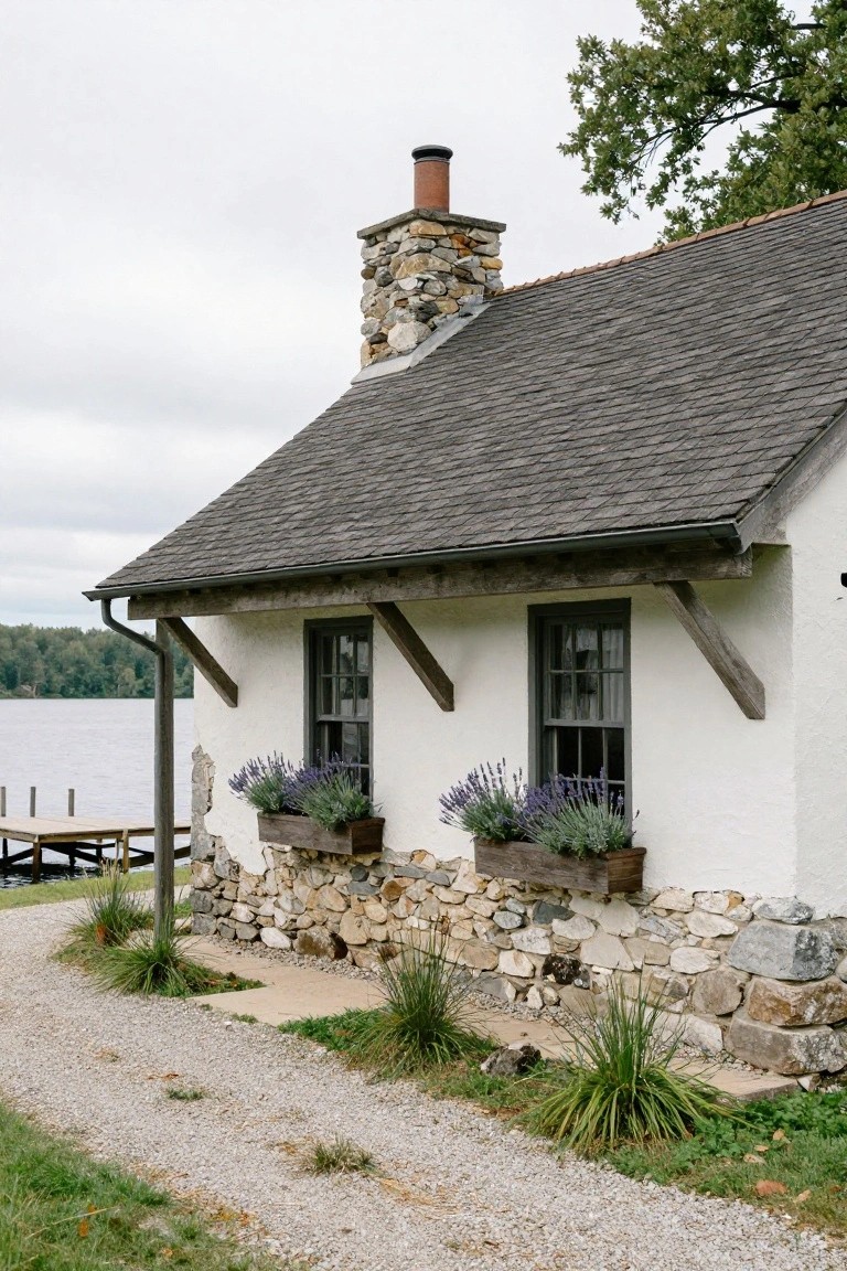 Side exterior of a small white plaster house with stone foundation, dark shingle roof, wooden brackets supporting windows with lavender planters, gravel path, grass, and lake dock nearby.