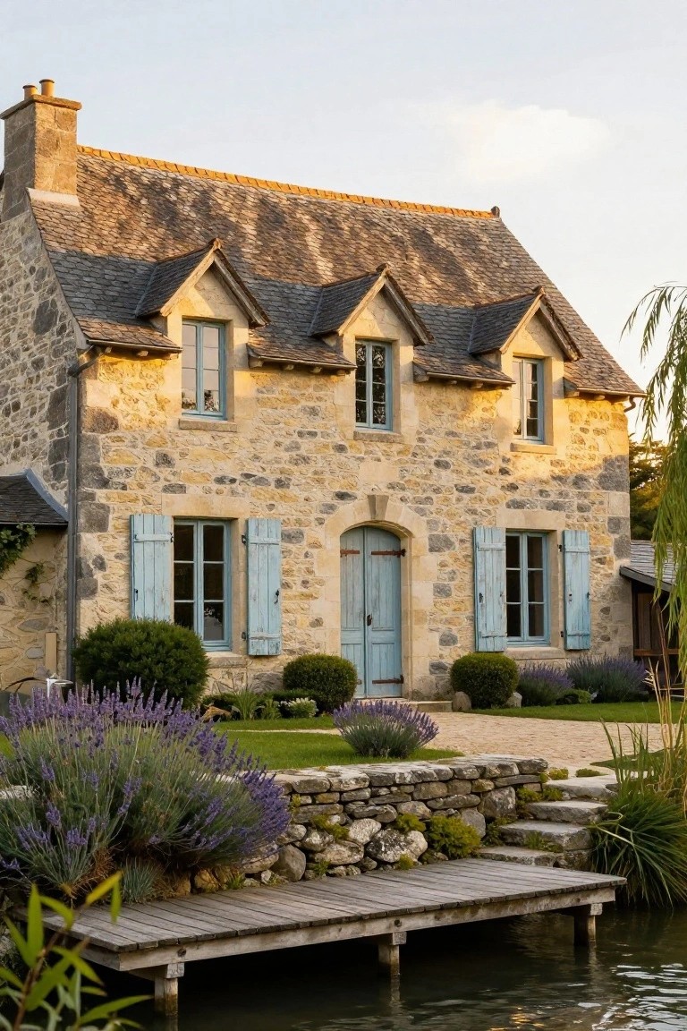 A two-story stone house with gabled slate roof, blue wooden shutters on windows, arched blue front door, lavender plants and stone retaining wall in front, wooden dock extending to a lake.