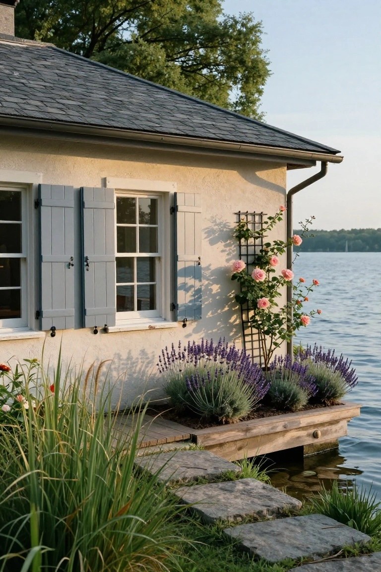 Side exterior of a light stucco house with slate roof, blue shutters on windows, pink climbing roses on a metal trellis, purple lavender plants in raised beds, ornamental grasses, stone path to wooden dock at lake edge.
