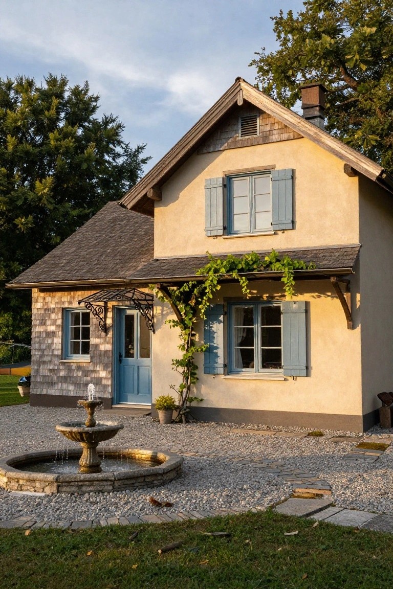 Small two-story house with pale yellow stucco walls, wood shingle siding on one side, steep shingled roof, blue front door under vine-covered awning with blue shutters on windows, stone fountain in gravel courtyard, trees and grass around.