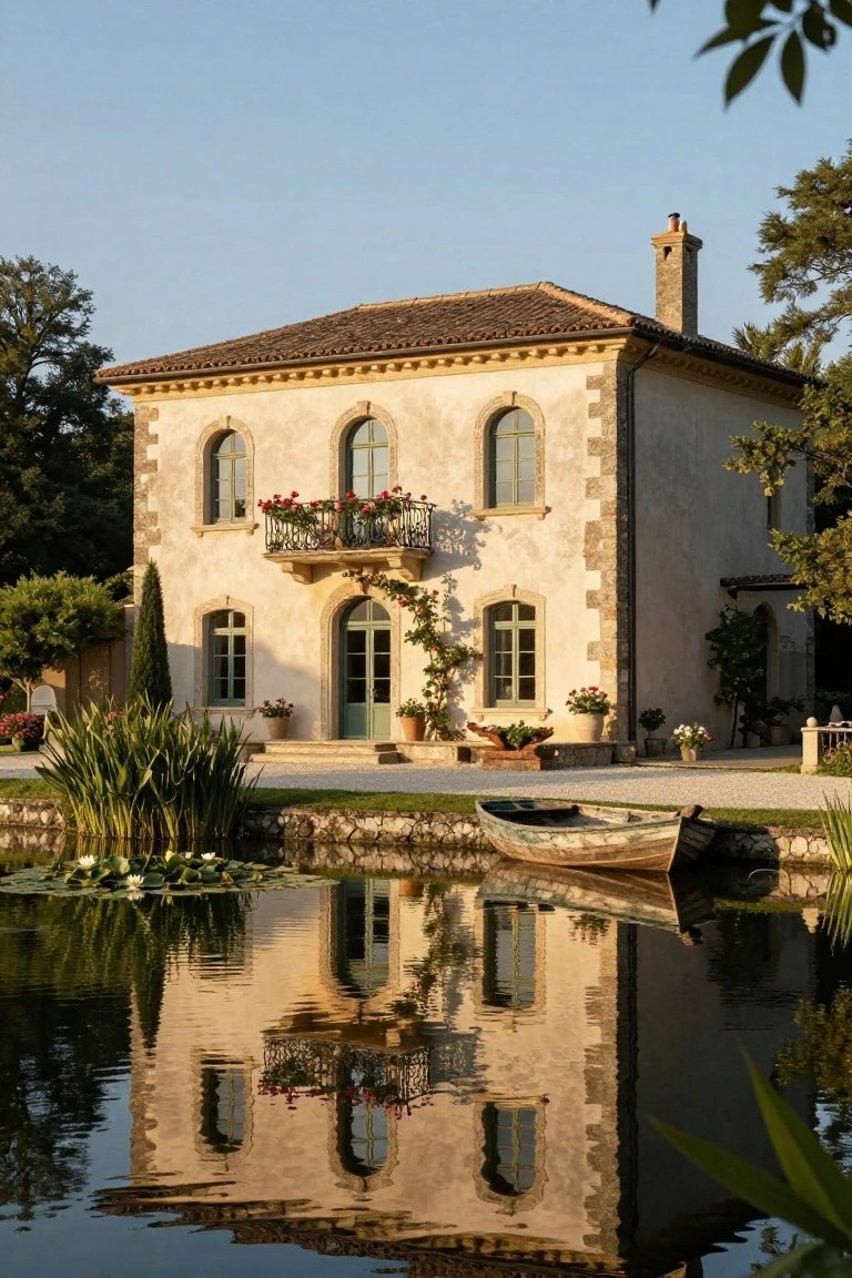 Two-story beige stucco house with stone corner accents, terracotta tile roof, arched green shutters and double doors, balcony with red flowers, reflected in a pond with water lilies and a wooden rowboat.