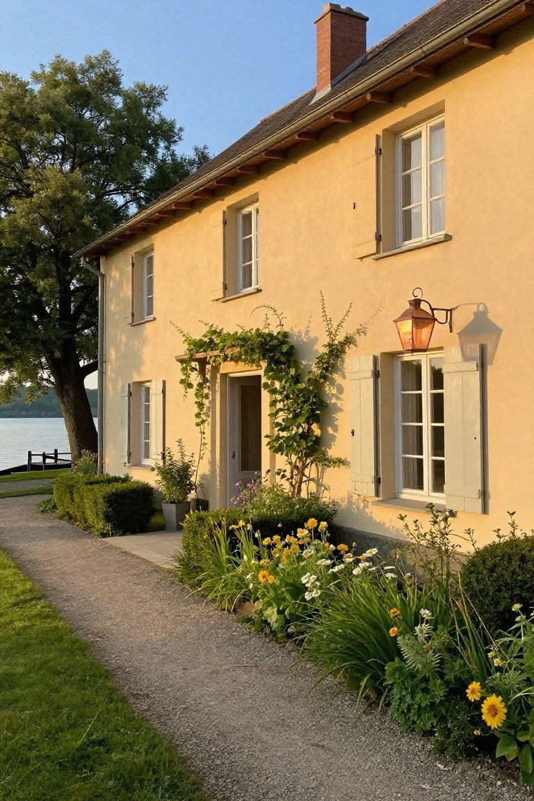 Pale yellow stucco house exterior with green wooden shutters, climbing vines over the front door under a small trellis, copper lantern beside the door, flower beds along a gravel path, trees, and a lake in the background.