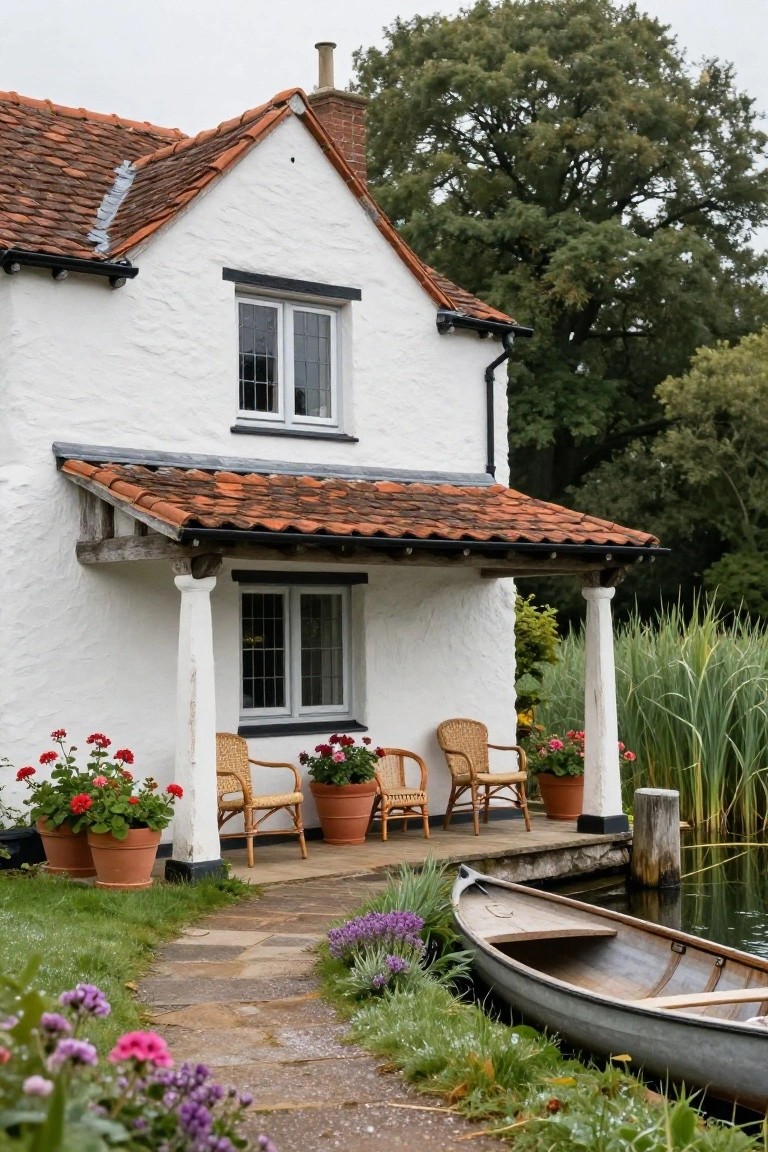 White stucco house with red tile roof and covered porch displaying wicker chairs, potted geraniums, and terracotta pots, next to a stone path, flowers, and a lake with a wooden canoe and reeds.