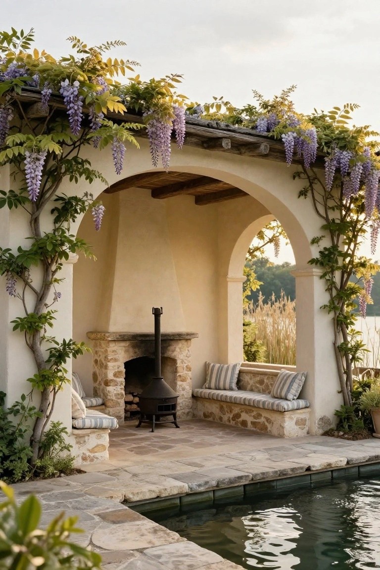 Arched beige stucco pergola draped in purple wisteria vines enclosing a stone outdoor fireplace with wood stove, cushioned benches, and adjacent pool with lake view beyond.