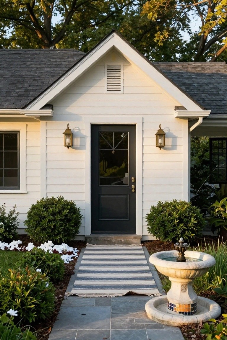 White clapboard house facade with gabled roof, black front door with glass panel, flanked by brass lanterns and boxwood shrubs, stone path with striped outdoor rug leading to a stone fountain.