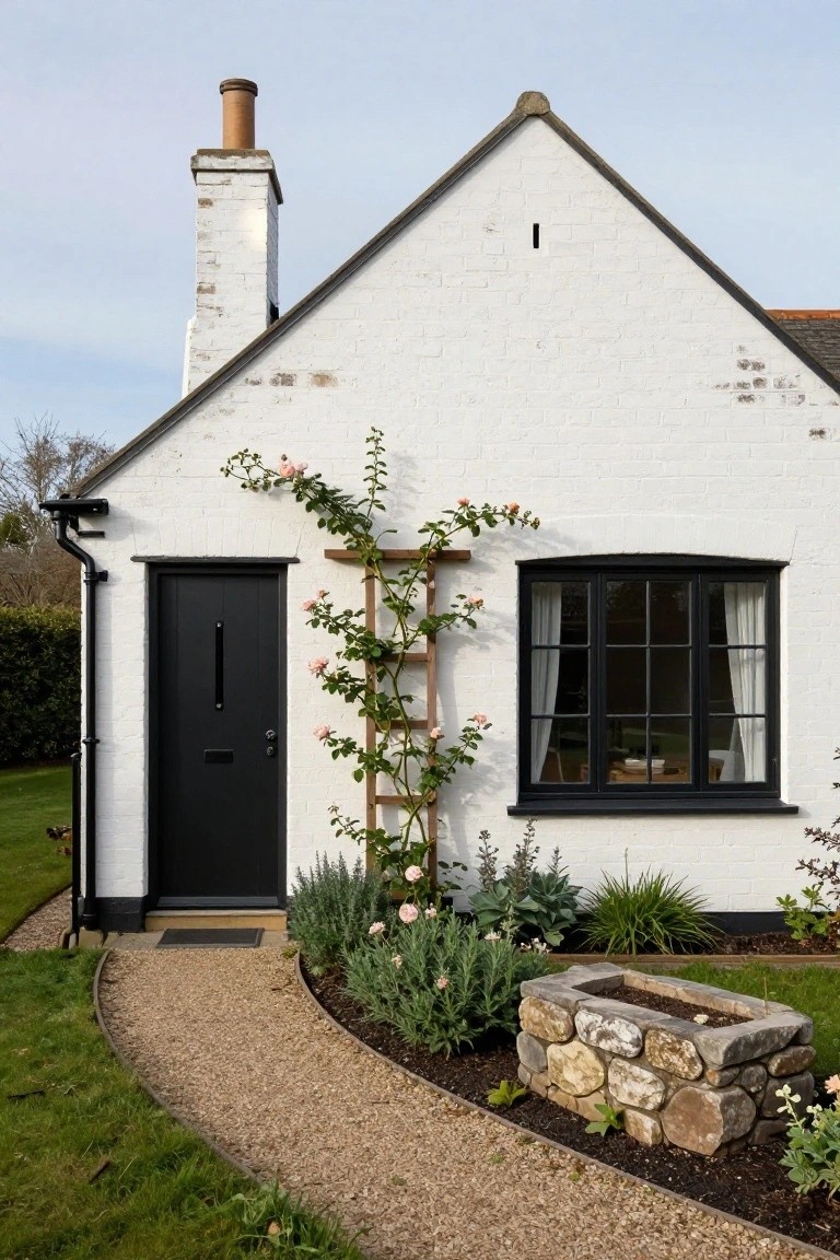 White cottage house with black front door, black-framed window, white brick walls, wooden trellis with pink climbing roses, stone planter, gravel path, and surrounding garden plants.