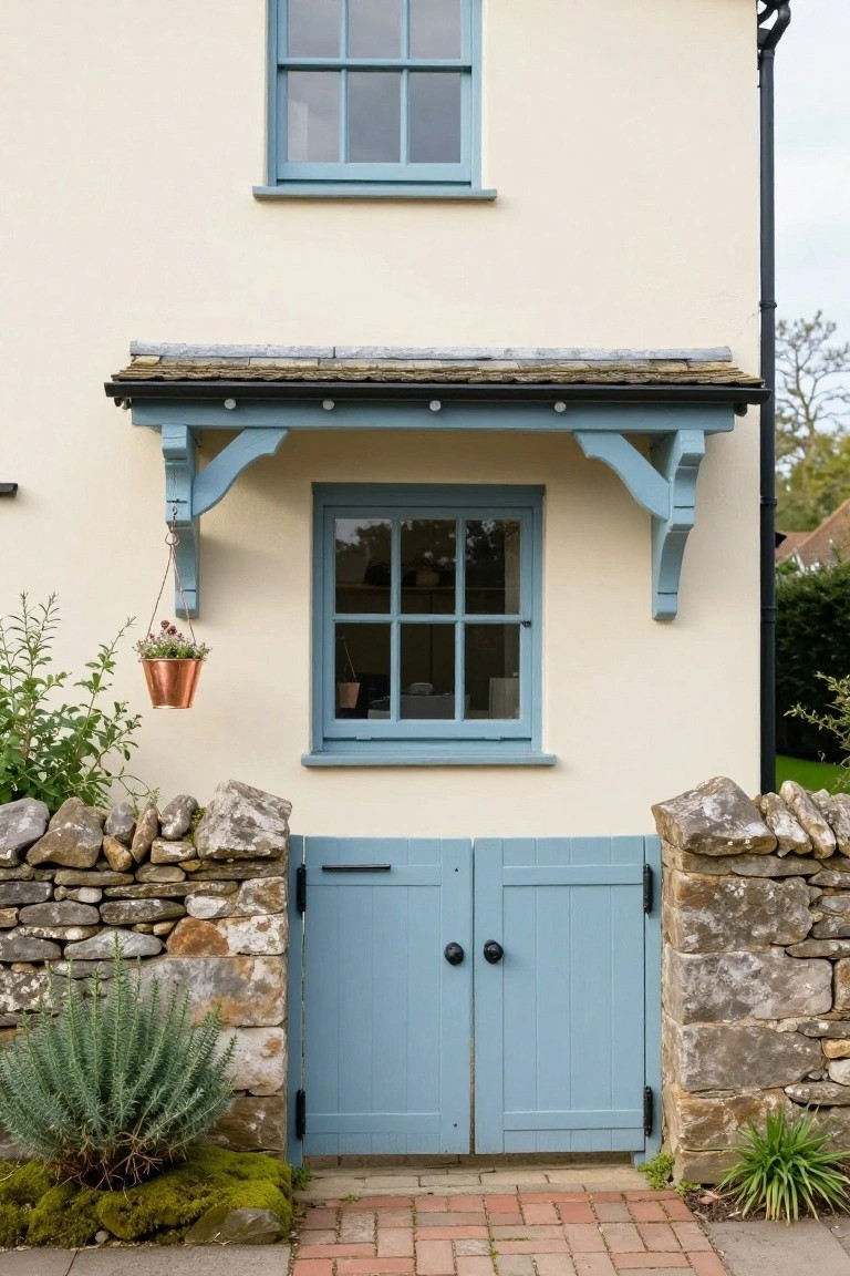 Cream cottage wall with blue sash window above a small porch, blue double doors in a stone wall gateway, copper hanging planter, and low plants nearby.